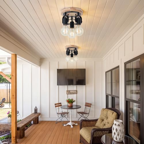 Image of Farmhouse Flush Mount Ceiling Light with Natural Wood Base, Industrial Black Metal Semi Flush Mount Light Fixture, E26 Socket, Rustic Close to Ceiling Lamp for Hallway Entryway Kitchen Bedroom