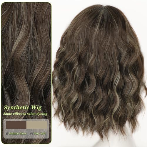 Image of AISI HAIR Curly Bob Wig with Bangs Short Wavy Warm Medium Brown with Golden Highlights. Color Wigs for Women Bob Style Synthetic Heat Resistant Bob Wigs