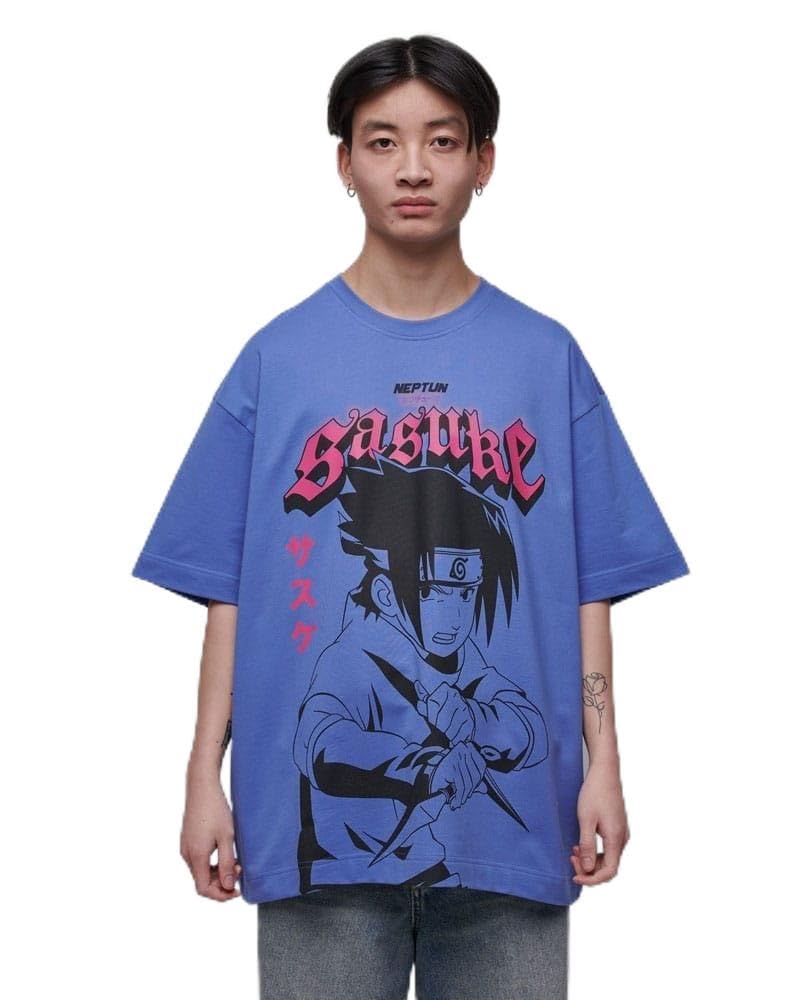NEPTUN | Naruto Graphic T-Shirt - Sasuke Uchiha | koszulka anime z bawełny | niebieska | haftowana, z nadrukiem z przodu, unisex, oversize fit