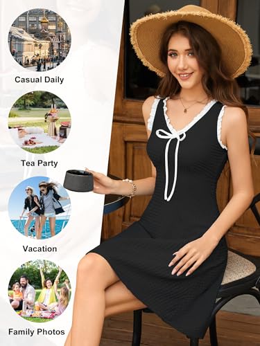 Image of FENSACE Casual Summer Dresses for Women Black V Neck Work High Waist Sleeveless Cute Lace Trim Graduation Sundresses