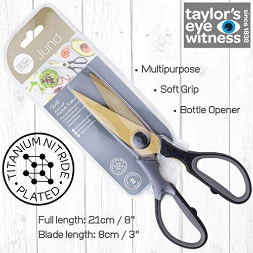 Juno Range (Gold, Scissors) - Heavy Duty Kitchen Scissors - Super Hard Titanium Coated. Soft Grip, Dishwasher Safe, Multipurpose, Utility Food Cooking Snips, Bottle Opener. 20cm/8