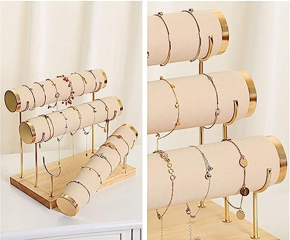 Image of Wooden Metal 3 Roll Gold Metal Chrome Finished Wooden Jewellery Display Stand (Beige)