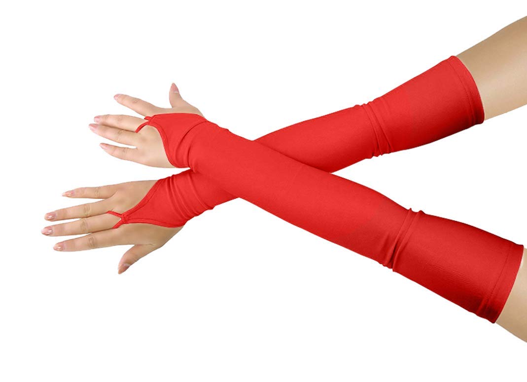 Shinningstar Girls' Boys' Adults' Stretchy Spandex Fingerless Over Elbow Cosplay Catsuit Opera Long Gloves, Red, One Size