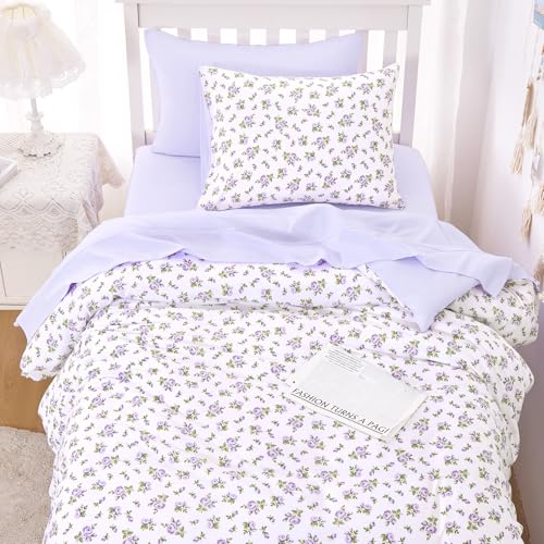 Image of Wake In Cloud - Floral Comforter Set, Coquette Cottagecore Aesthetic Flower Shabby Chic Pattern for Women Teen Girls, Soft Lightweight Bedding, 3 Pieces, White Purple, Twin /Twin XL Size