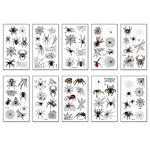 ZIZEO 10 Sheets Halloween Spider Web Temporary Tattoos for Kids,Water Transfer Spider Design Halloween Party Decorations Body Art Fake Tattoos Stickers,DIY Charms Beauty Accessories