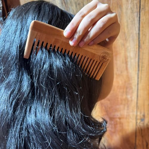 Image of Organic Medium Wide Tooth Neem Wood Comb for Stimulating Hair Growth, Help in Dandruff Removal | For Men & Women | For Anti Dandruff, Frizz Control & Healthy Scalp (Pack of 1)