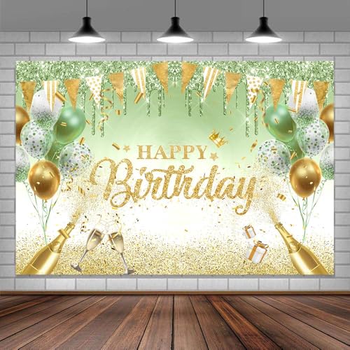 Image of Sage Green Birthday Banner - 71 x 43 Inch Green Glitter Ballon Photography Background Women Girls 18th 20th 21st Birthday Party Banner Decorations Supplies Photo Booth Props