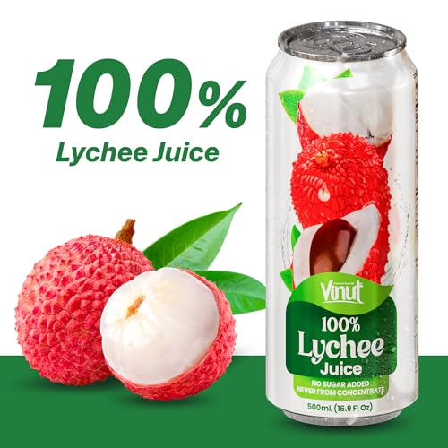 Image of VINUT 100% Lychee Juice, No Added Sugar, Not From Concentrate, 16.9 fl oz (500 mL) Can, Pack of 24
