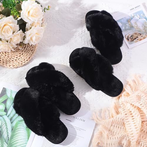 Image of 12 Pairs Women's Fuzzy Slippers Cross Band Open Toe Bridesmaid Fluffy Comfy House Slippers for Indoor Outdoor Wedding