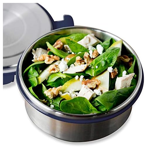 LunchBots Salad Bowl Lunch Container - 4-Cup - Leak Proof Lid - Stainless Steel Inside - Not Insulated - BPA Free, Dishwasher Safe - Navy - 4 cup