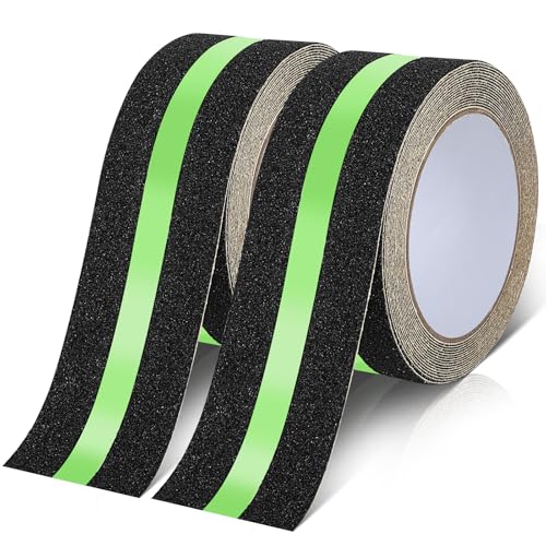 Cozary 2 Pezzi Strisce Antiscivolo per Scale Esterne,5m x 5cm Nastro Antiscivolo con Strisce Luminose, Fluorescente Adesivo Nastro di Sicurezza per Scale,Gradini,Pavimenti Scivolosi Interno e Esterno