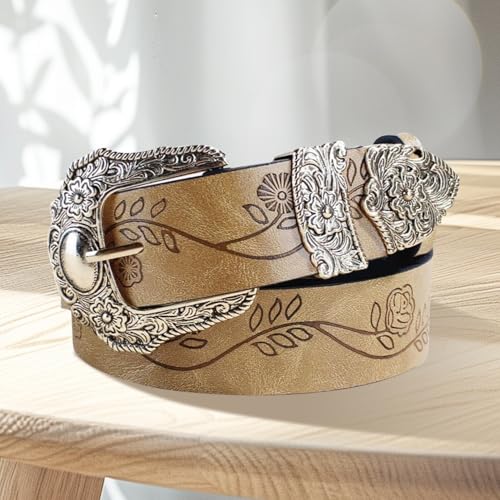 Women's Men's Western Floral Engraved Embossed Leather Belt - Novelty Filigree Buckle Strap for Daily Decoration(110cm/43, Brown)