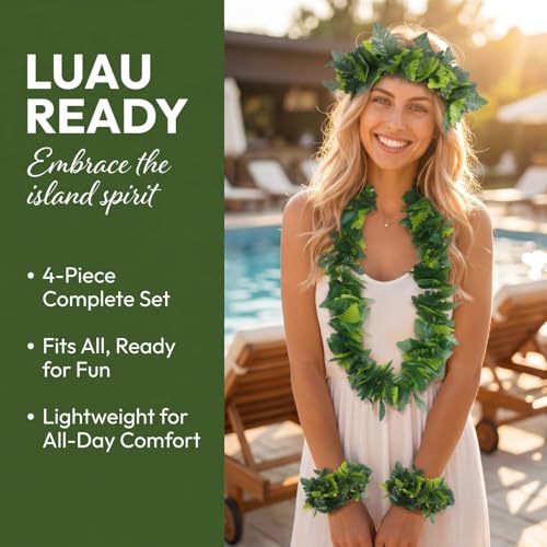 MAGICLULU Green Hawaiian Party Garland, Artificial Leaves Headband, Lifelike Necklace, Tropical Beach Luau Costume Supplies, Hula Dancer Wristbands, Foliage Lei Wreath Set, 4pcs in 1 Set by MAGICLULU - Image 8