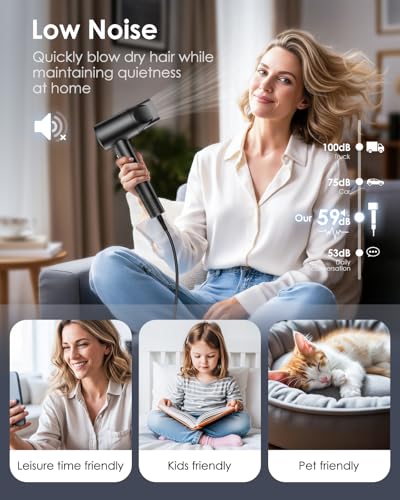 Image of Bopcal Ionic Hair Dryer, 160000 RPM Brushless Motor, Smart Thermo-Control, Negative Ion Fast Drying, Quiet Lightweight Blow Dryer, Cold Air & 2 Heat Settings, for Home Travel Salon, Black