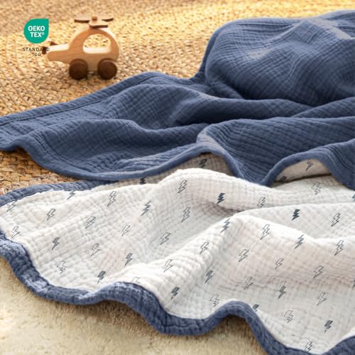 Image of lulumoon Muslin Baby Blanket for Boys: Cotton Toddler Blanket for Daycare | Soft Reversible Crib Bedding for Baby & Infant - Lightweight for Stroller, Car seat & Travel, 47 inchx47 inch(Blue Lighting)