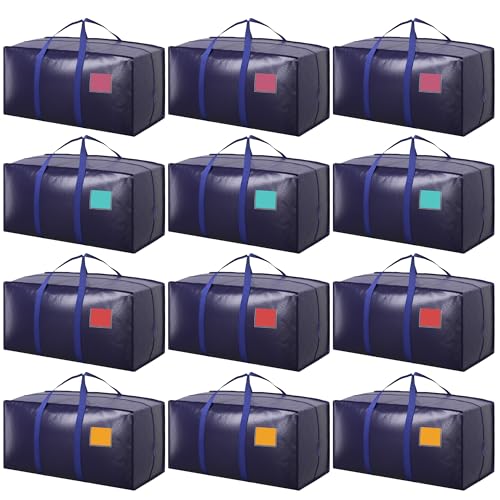 Image of 12 Pack Moving Bags with Full-Open Side Zipper, Extra Large 93L Heavy Duty Waterproof Foldable Storage Totes for College Dorm, Moving & Home OrganizationDarkBlue