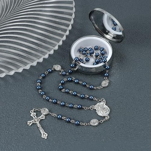 6mm Glass Pearl Rosary Beads Catholic for Women, Virgin Mary Our Lady of Guadalupe Medal, Hematite Stone Saint Benedict Rosary, Bead Necklace First Communion Gifts with Metal Gift Box3