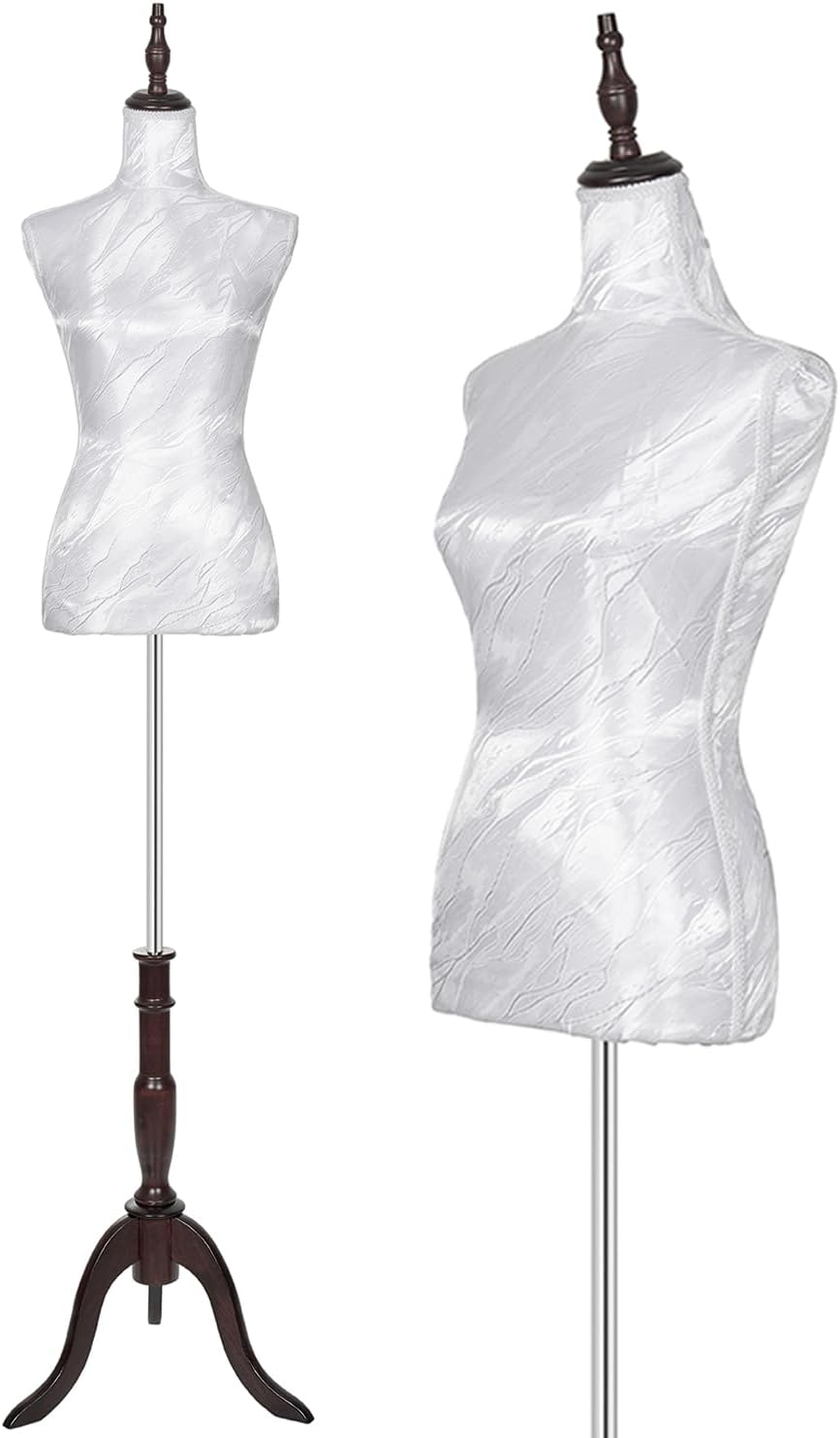 Adjustable Female Mannequin Torso with Stand, Pinnable Dress Form for Sewing and Clothes Display (White, Silk)