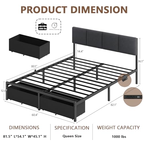 Image of Furnulem Queen Bed Frame with Adjustable Headboard, Upholstered Bed with 2 Storage Drawers, Built-in USB Charging Station & LED Lights, Platform Bedframe with Metal Slats, No Spring Box Needed, Grey