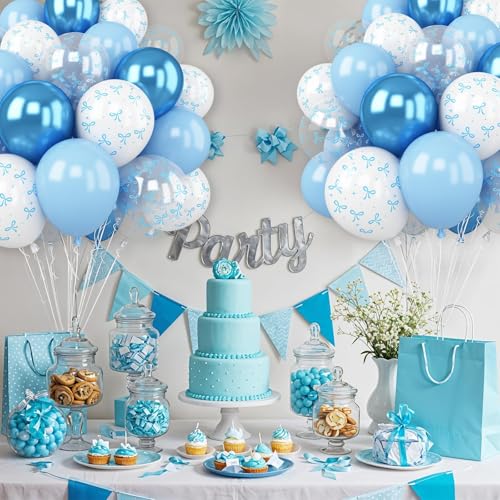 Image of Blue Bow Balloons 30 Pcs 12inch Blue White Balloon