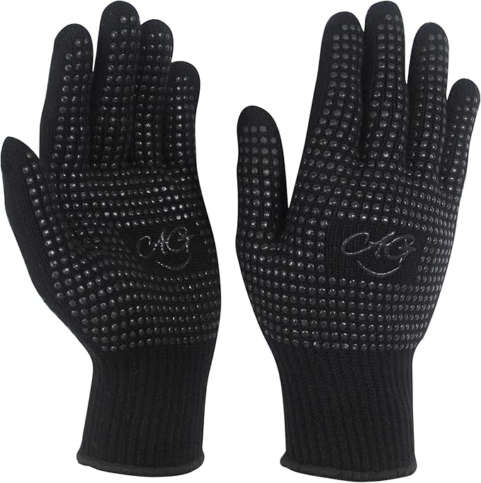 ANGENIL 2 Pcs Heat Resistant Gloves with Silicone Bumps, Black Silicone Anti Slip Heat Proof Gloves, Suitable for irons, Curling Iron, Straighteners, Hot Tools Flat Iron, Universal Sizes, Black