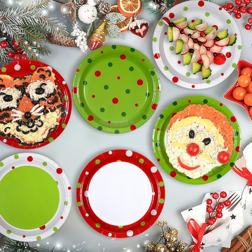 Image of Fourluoo 96 Pcs Christmas Paper Plates Lime Green and Red Disposable Dinner Plates for Xmas Party Table Supplies