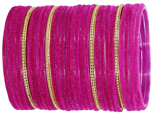 Image of NMII Glass Bangles For Women and Girls with Velvet and Golden Ballchain Linked | Plain Glass Bangles | Velvet Chudi Set | Bangles For Women | Stylish Glass Chudi Bangles- Set of 28