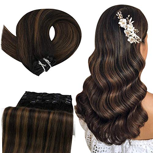 YoungSee 14inch Hair Extensions Clip in Natural Black Fading to Medium Brown with Black Balayage Human Hair Extensions Remy Clip on Hair Extensions 120g/7pcs