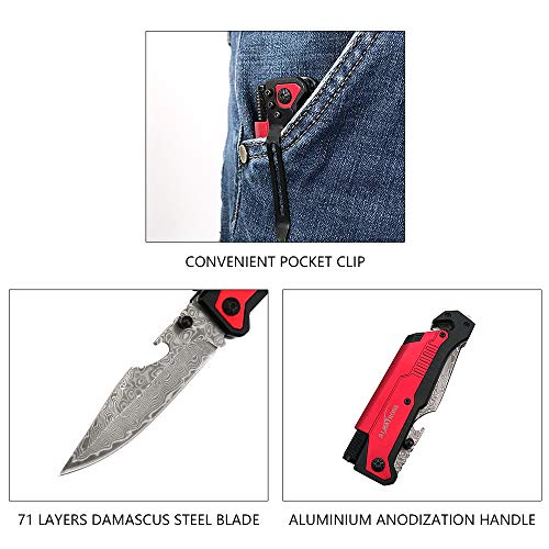 Image of ALBATROSS 6-in-1 Modern Damascus Steel Folding Pocket Knives with LED Light,Seatbelt Cutter,Glass Breaker,Magnesium Fire Starter,Bottle Opener;Multi-Function Emergency Tool(Red-DA)