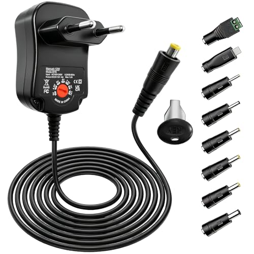 12W Adaptador Corriente Universal 3V 4.5V 5V 6V 7.5V 9V 12V 1.2A Cargador Universal Portatil con 8 Enchufes de Charger para DC USB B Transformador Multiples Clavijas para Cámara Web Portátil Monitor