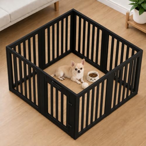 Image of EVERFRONT Dog Playpen with Door - Dog Pen Indoor - Easy Assemble Dog Play Pen - Puppy Playpen, Cat Playpen, Small Animal Playpen, Dog Play Pen Indoors (Black, 30 inch, 8 Panels)