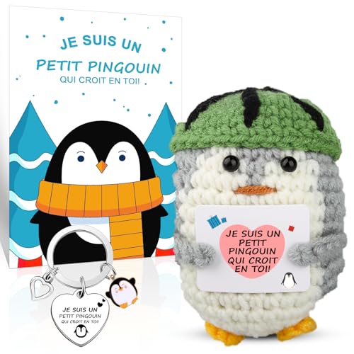 Tricot Jouet Pingouin, Pocket Hug Pingouin avec Porte Clé Personnalisé et Carte Positive, Motivantes Tricotée Pingouin, Cadeau Homme Femme Original, Drôle Cadeaux pour Enfant Couple Collègue (Vert)