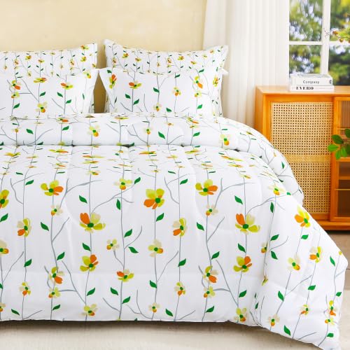 Image of lasoftan Floral Queen Comforter Set with Sheets, 7 piece Luxury Vintage Bedding, Soft Microfiber Bed in a Bag, Cozy Lightweight Bed Set, Yellow Flower