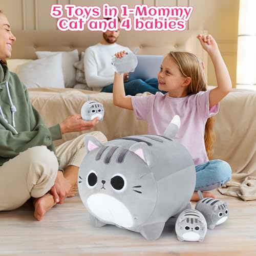 Image of 5 PCS Grey Cat Plush Stuffed Animal Family-15.8 inch Large Grey Cat Plush, Cat Mommy Cat with 4 Baby Kittens Cat Plushies for Kids, Kawaii Cat Plush Toy Christmas Birthday Gifts for Kids Boys Girls