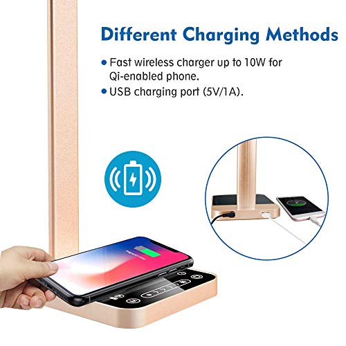 LED Desk Lamp with Fast Wireless Charger, WiFi, Desk Light 6 Brightness Levels 3 Lighting Modes Touch Control USB Port Timer Memory Function, Office Table Lamp Works with Alexa Google Home (Gold) - Thumbnail 3