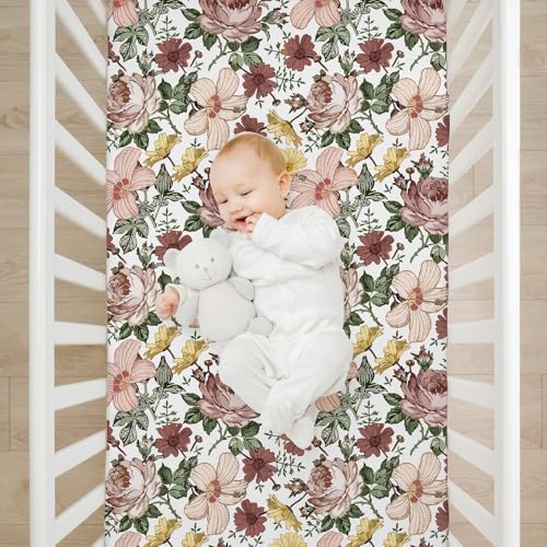 Image of 4 Pack Floral Crib Sheet Set for Baby Girl, Soft Breathable Fitted Pink Crib Sheet 28 x 52 in, Vintage Wildflower Nursery Decor for Standard Crib and Toddler Bed Mattresses