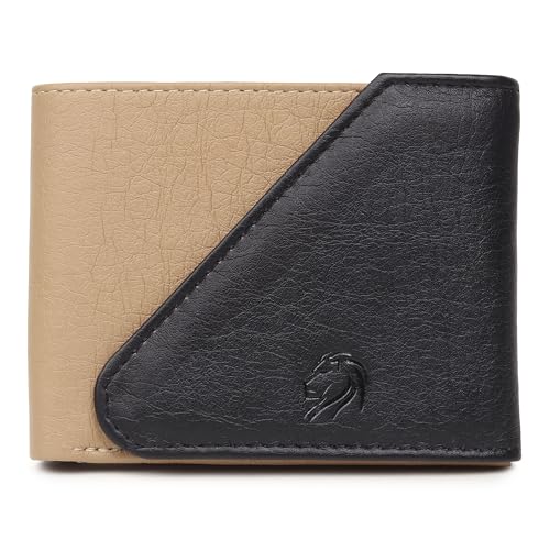 Image of VEMILIO Men's Vegan Leather Wallet for Men | Edge Cut Slim Bi-Fold Gents Purse | Stylish Wallet with Coin Pocket | 3 Card Slots | ID Window & 2 Currency Compartments (Beige & Black)