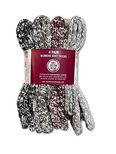 Weatherproof Boot Crew Socks for Women, Warm, Soft Cotton Blend, Fits Size 5-9.5 (4 Pack)