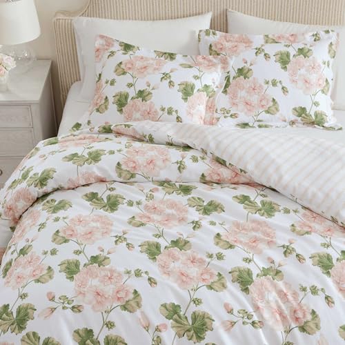 Image of Martha Stewart - Queen Comforter Set, 100% Silky Smooth Cotton Sateen Floral Bedding for Year Round Comfort, 3 Piece Bed Set with Matching Pillowcases (Geranium Bloom Pink)