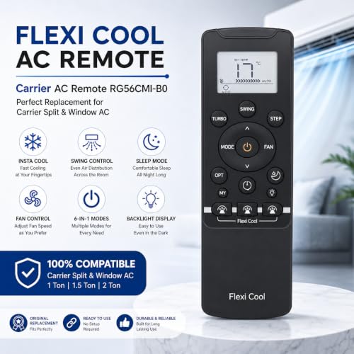 Image of K2 Remotes Compatible for Carrier AC Remote RG56CMI-B0 - Flexi Cool Original Replacement for Carrier Split & Window AC 1 Ton 1.5 Ton 2 Ton | LCD Display
