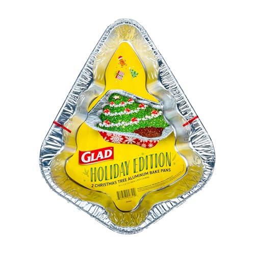 Glad Holiday Christmas Tree Aluminum Bake Pans, Disposable Foil Pans with Red and White Snowflake Print, Oven Safe for Cakes, Cookies, Brownies, Christmas Tree Shaped, 14 x 11.5 x 2.5 in, 2 Count