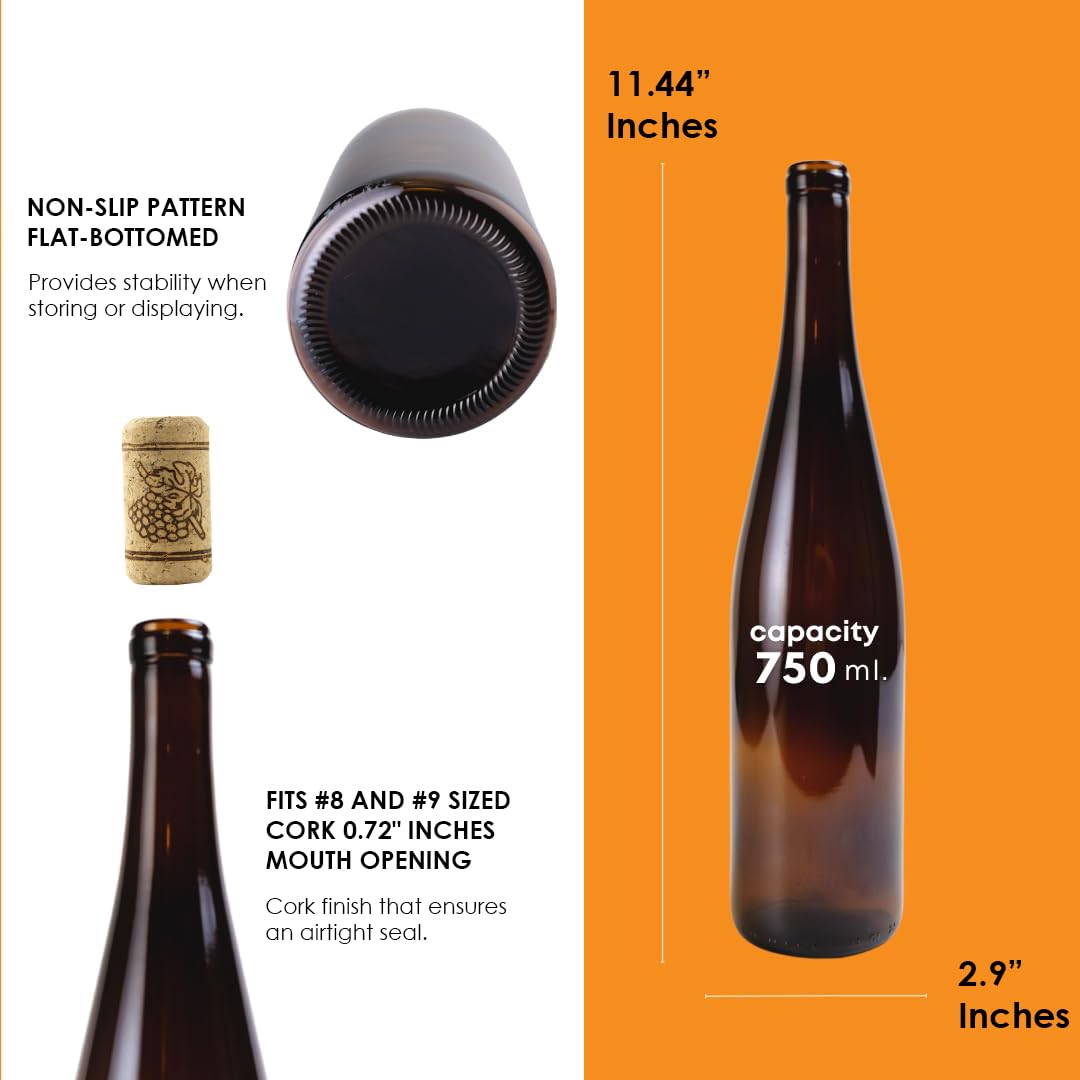 FastRack 750ml Amber Glass Wine Bottles (Pack of 12) | W13 Stretch Hock Empty Bottles for Homemade Wine, Kombucha & Beer – Amber Liquor Bottles for Wine Making & Storage – No Corks Included