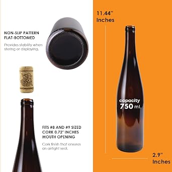 750ml Amber Colored Glass Bottles, W13 Stretch Hock, 12-Pack - NO CORKS