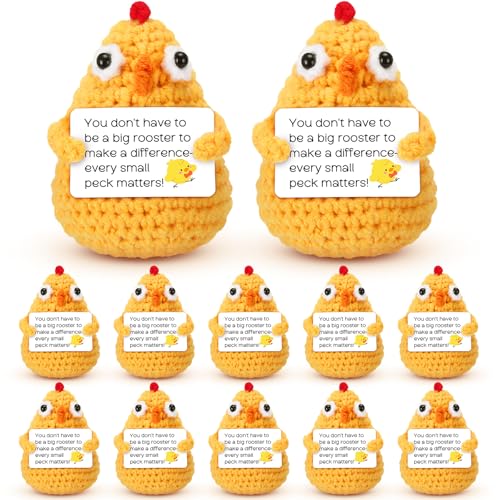 Motionchic 12 Pcs Crochet Chicken Animals with Positive Cards Bulk Small Handmade Crochet Chick Plush for Women Men Coworkers Christmas Birthday Party Favors Home Office Desk Decoration Supplies