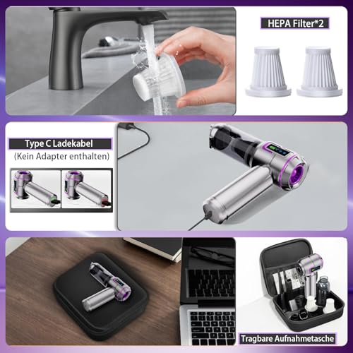 Lyiazsoy Handstaubsauger Akku, Autostaubsauger Kabellos 22000Pa Mini Staubsauger, Aufladbar Tragbar Leicht Auto Staubsaug Stark, 220000 U/min Elektrische Staubgebläse für den Auto (silbrig-violett)