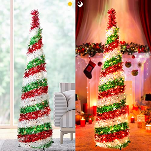 Hwtmxk Pop Up Christmas Tree, 5 Ft Tinsel Christmas Tree, Collapsible Christmas Tree, Easy To Assemble And Store With 100 Leds String Lights 2 Modes, Fireplace Party Home Xmas Decorations #TOP1