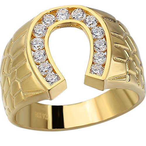 Solid 925 Sterling Silver - 14k Gold Plated - Lucky Horseshoe Ring - Mens Horse Shoe Ring Iced Flooded Out