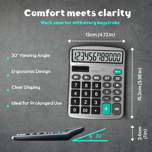 Image of 12-Digit Desktop Adding Machine with Large LCD Display, 120 Steps Check & Correct, Dual Power Solar & Battery, Big Button Office Use for Home, School & Business, White | 1 AAA Battery Included