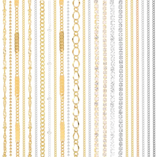 24 Strips Nail Chains for Nail Art 3D Bangle Nails Charms Metal Chain Charms Punk Studs Accessories for Nails Art Jewelry Accessories for Women Design Manicure Accessory