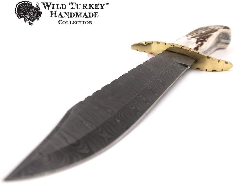 Wild Turkey Handmade 15-inch Hunting Knife Full-tang Fixed Real Damascus Blade Real Stag Handle with Leather Sheath